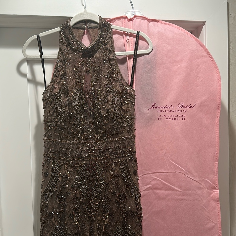 Ivonne D, A Montage Collection full length gown. Hand-beading. Size 4. Mocha